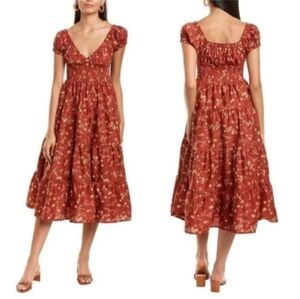 Danielle Bernstein X WeWoreWhat Smocked Bodice Floral Puff Rust Midi Dress Sz L
